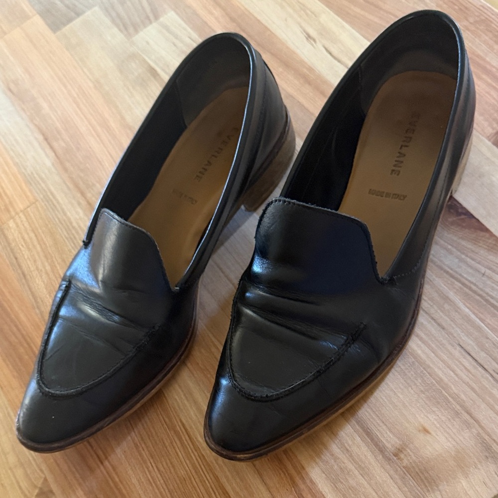 Well Loved Everlane Black Leather Pointed Slip-On Loafers